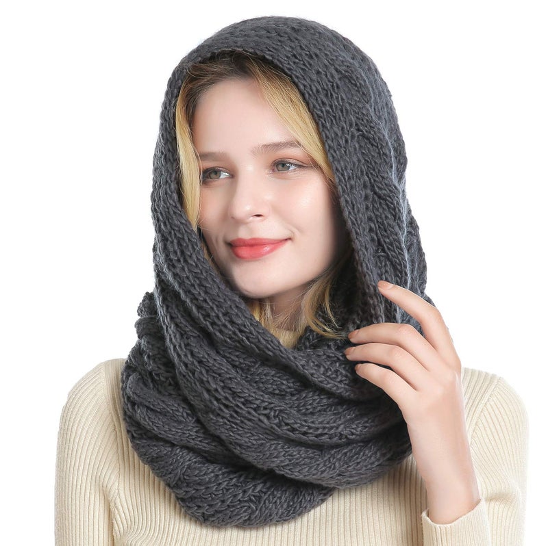 QUEENFUR Winter Women Thick Cable Knit Ribbed Infinity Circle Loop Scarf Matches with Beanies (Dark Grey) - Image 4